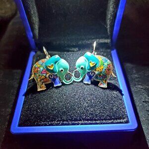 Handpainted Enamel Elephant Earrings Dk Teal Ears